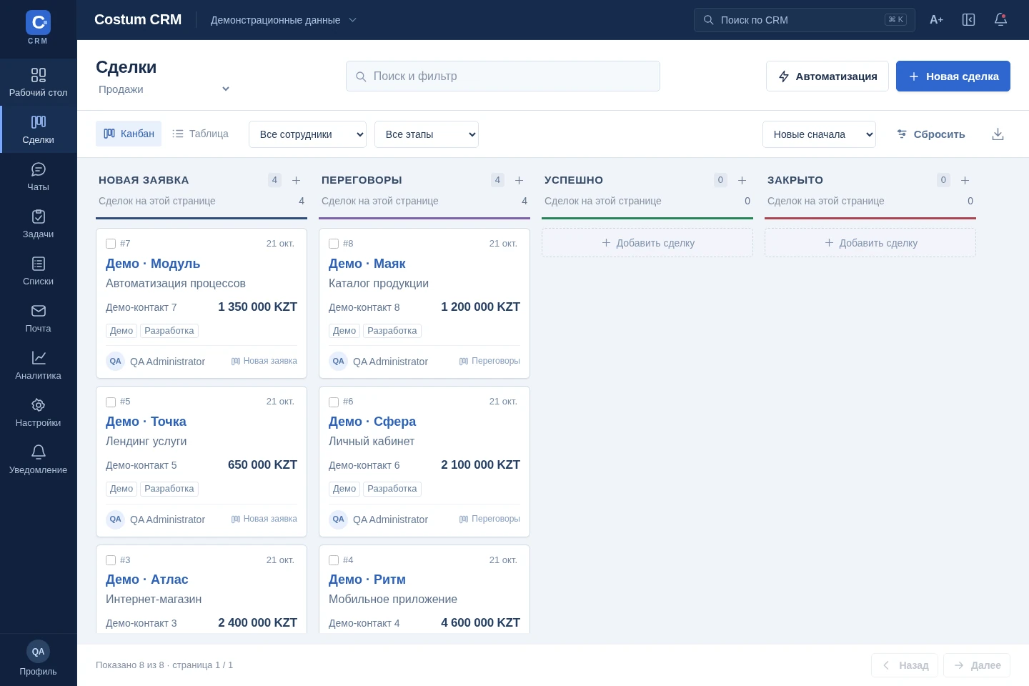 Real Costum CRM interface: sales pipeline with demonstration data