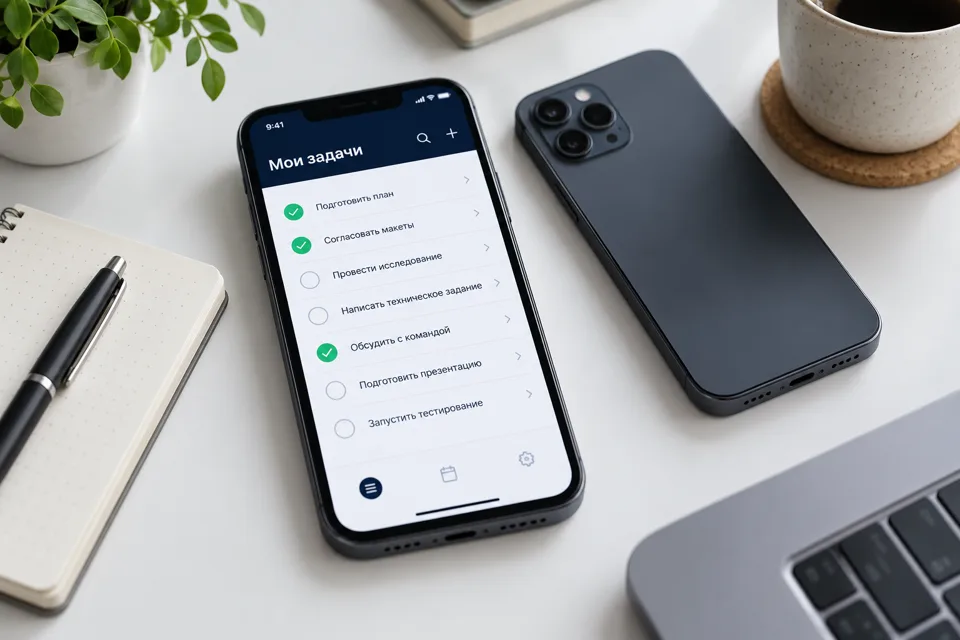 Illustration of mobile app development: smartphones with an example task interface